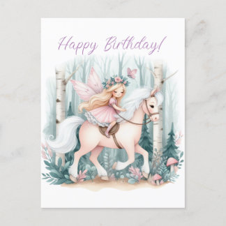 Beautiful fairy girl riding in an enchanted forest postcard