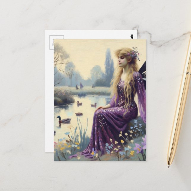 Beautiful Fairy in Purple Dress at the Duck Pond Postcard (Front/Back In Situ)
