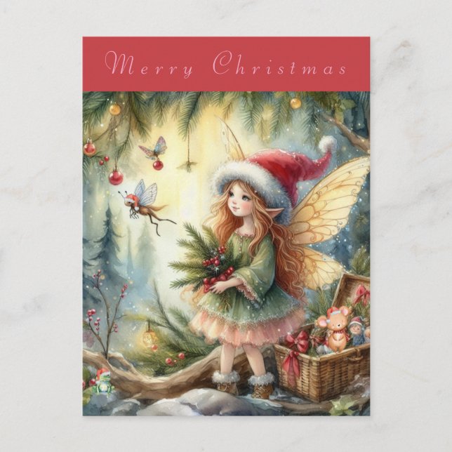 Beautiful Fairy in the Forest Merry Christmas Postcard (Front)