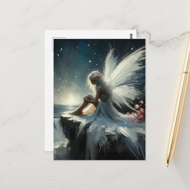 Beautiful Fairy in White Dress Sitting on a Cliff Postcard (Front/Back In Situ)