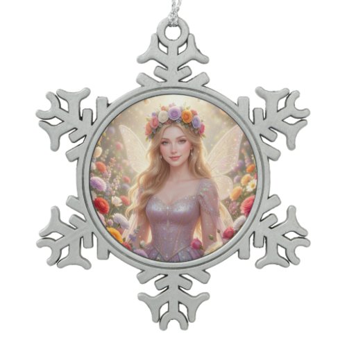 Beautiful fairy princess snowflake pewter christmas ornament