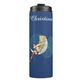 Beautiful Fairy Sitting on Moon Silk Stocking Blue Thermal Tumbler