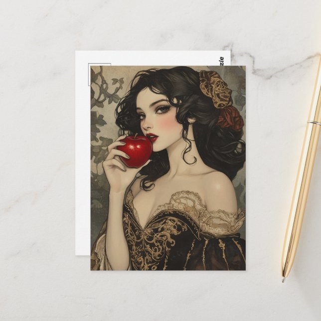 Beautiful Fairytale Woman With a Red Apple Postcard (Front/Back In Situ)