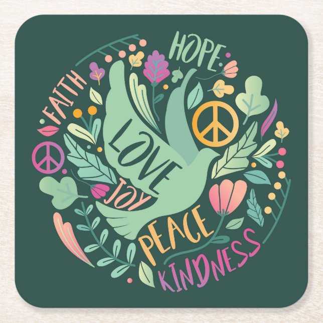 Beautiful Faith Love Peace Joy Hope & Kindness Square Paper Coaster (Front)