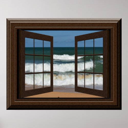 Beautiful Fake Window View Ocean Beach Waves Poster