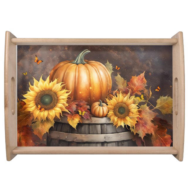 Beautiful Fall Autumn Foliage Leaves Sunflowers Serving Tray (Front)