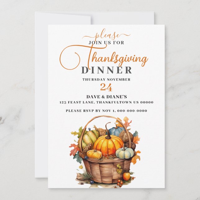Beautiful Fall Basket with Pumpkins Thanksgiving  Invitation (Front)