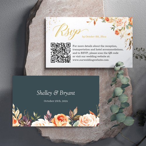 Beautiful Fall Floral Wedding Website RSVP QR Code Enclosure Card