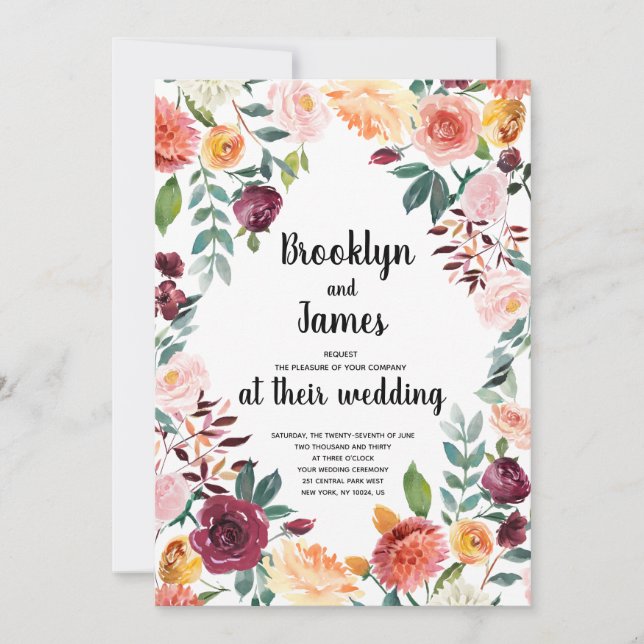 Beautiful Fall Flowers Calligraphy Wedding Invites (Front)