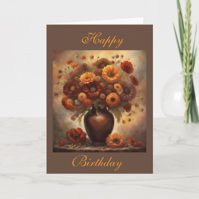 Beautiful Fall Flowers in vase Happy Birthday card (Front)