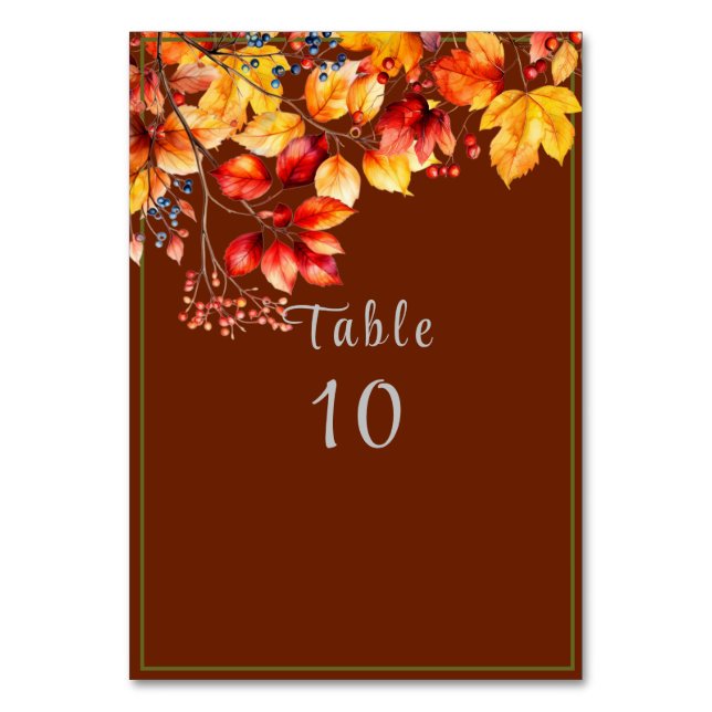 Beautiful Fall Leaves and Berries Autumn Wedding Table Number (Front)