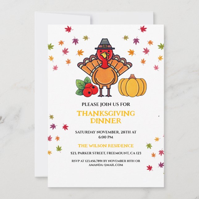 Beautiful Fall Leaves Turkey Thanksgiving Dinner  Invitation (Front)