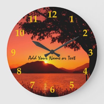 Beautiful Fall Orange Yellow Sunset Lake Mountain Large Clock by BeverlyClaire at Zazzle