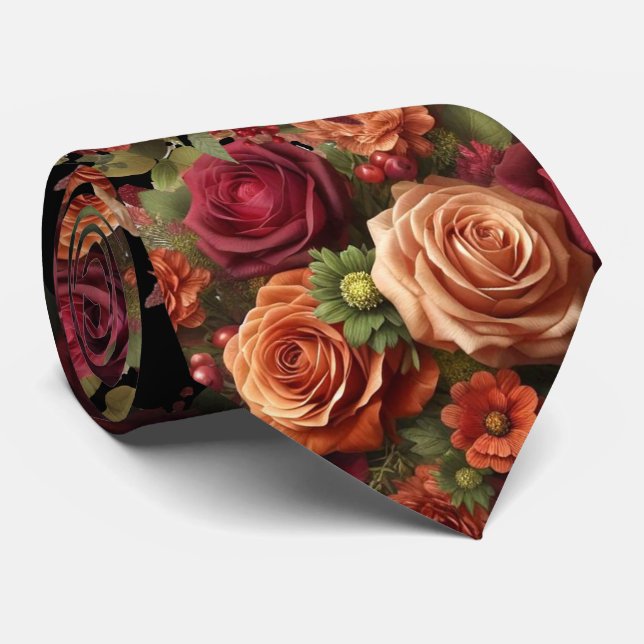 Beautiful Fall Rose Floral Grooms Wedding Neck Tie (Rolled)