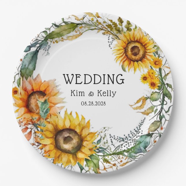 Beautiful Fall Sunflowers Airy Wreath Wedding  Paper Plates (Front)