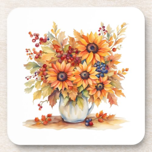 Beautiful Fall Sunflowers and Berries Bouquet  Beverage Coaster