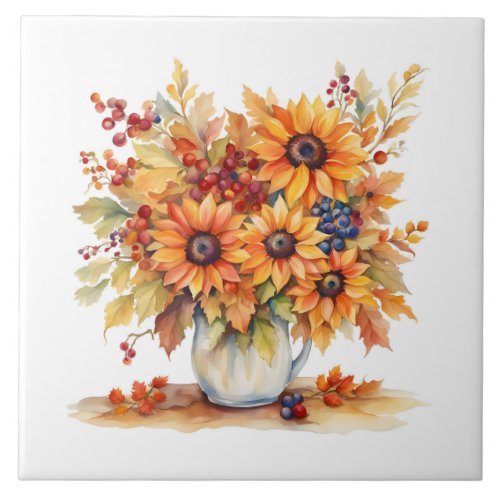 Beautiful Fall Sunflowers and Berries Bouquet  Ceramic Tile