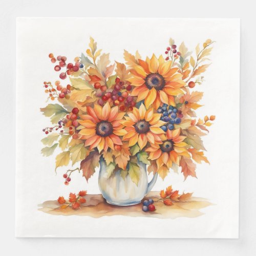 Beautiful Fall Sunflowers and Berries Bouquet  Paper Dinner Napkins