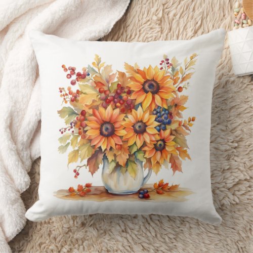 Beautiful Fall Sunflowers and Berries Bouquet  Throw Pillow