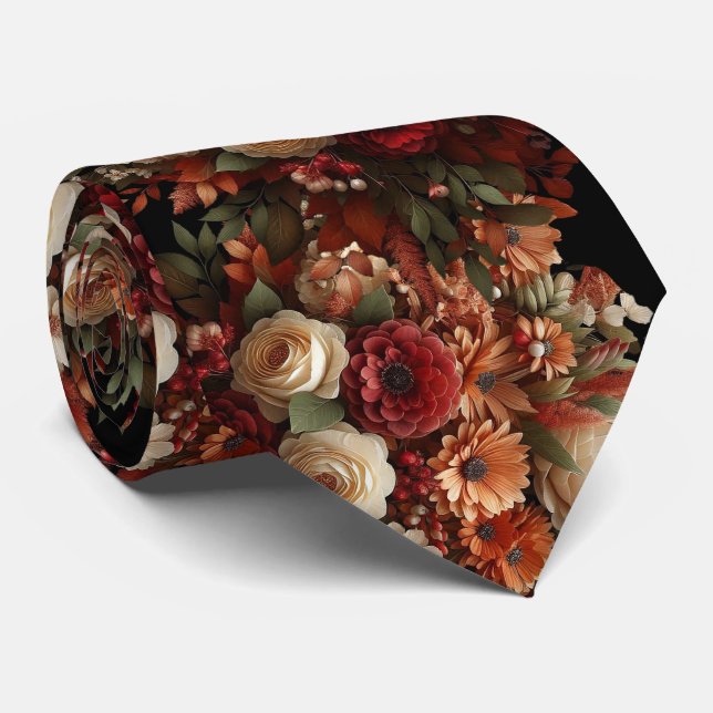 Beautiful Fall Theme Floral Grooms Wedding Neck Tie (Rolled)