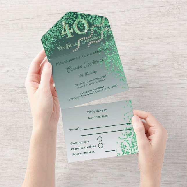 Beautiful Falling Green Glitter 40th Birthday  All In One Invitation (Tearaway)