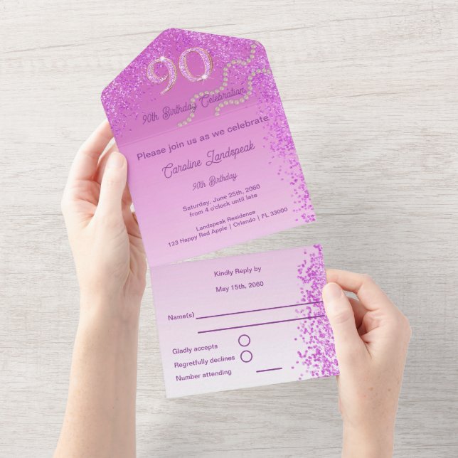 Beautiful Falling Pink Glitter 90th Birthday  All In One Invitation (Tearaway)