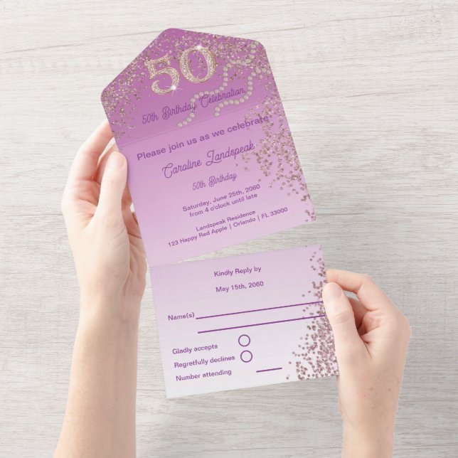 Beautiful Falling Rose Gold Glitter 50th Birthday All In One Invitation (Tearaway)