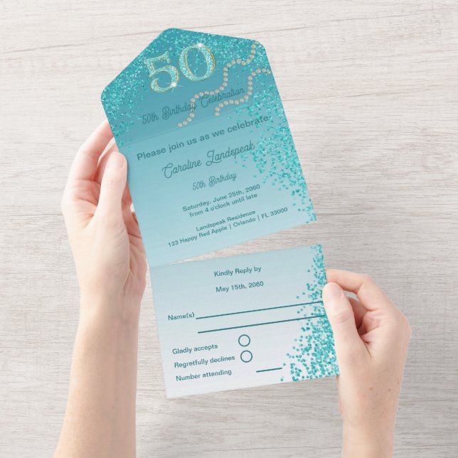Beautiful Falling Teal Blue Glitter 50th Birthday All In One Invitation (Tearaway)