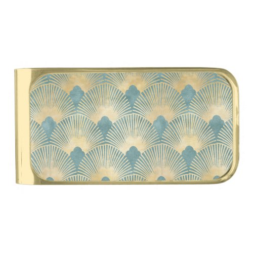 Beautiful fan patternteal goldArt Deco patternc Gold Finish Money Clip