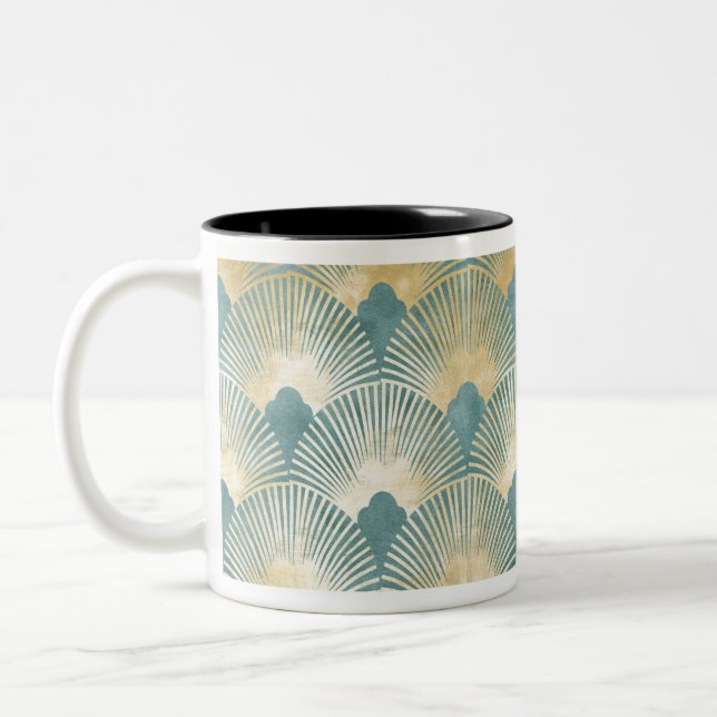 Beautiful fan pattern,teal gold,Art Deco pattern Two-Tone Coffee Mug (Left)