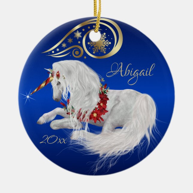 Beautiful Fantasy Christmas Unicorn Joy Blue Ceramic Ornament (Front)