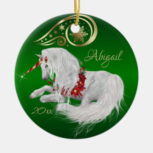 Beautiful Fantasy Christmas Unicorn Joy  Green Ceramic Ornament