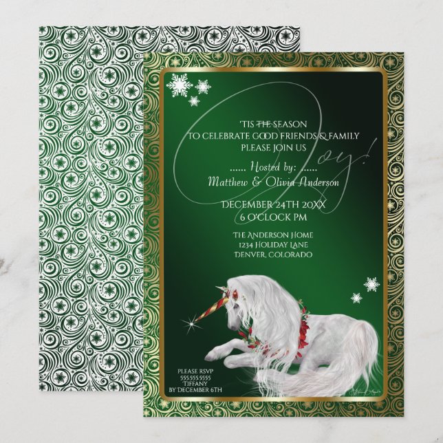 Beautiful Fantasy Christmas Unicorn Joy Green Invitation (Front/Back)