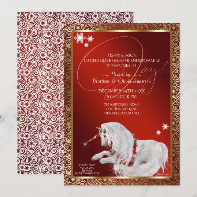 Beautiful Fantasy Christmas Unicorn Joy Invitation (Front/Back)
