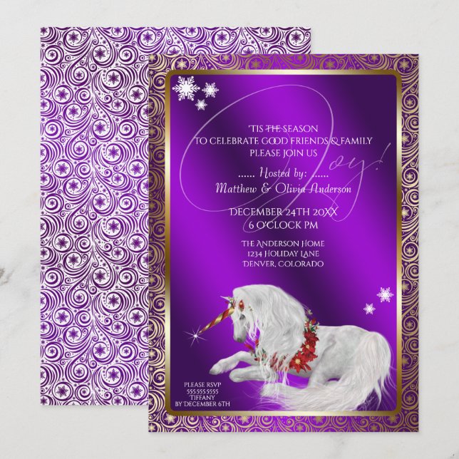 Beautiful Fantasy Christmas Unicorn Joy Purple Invitation (Front/Back)
