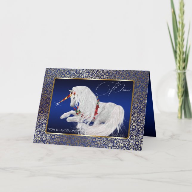 Beautiful Fantasy Christmas Unicorn Peace Holiday Card (Front)