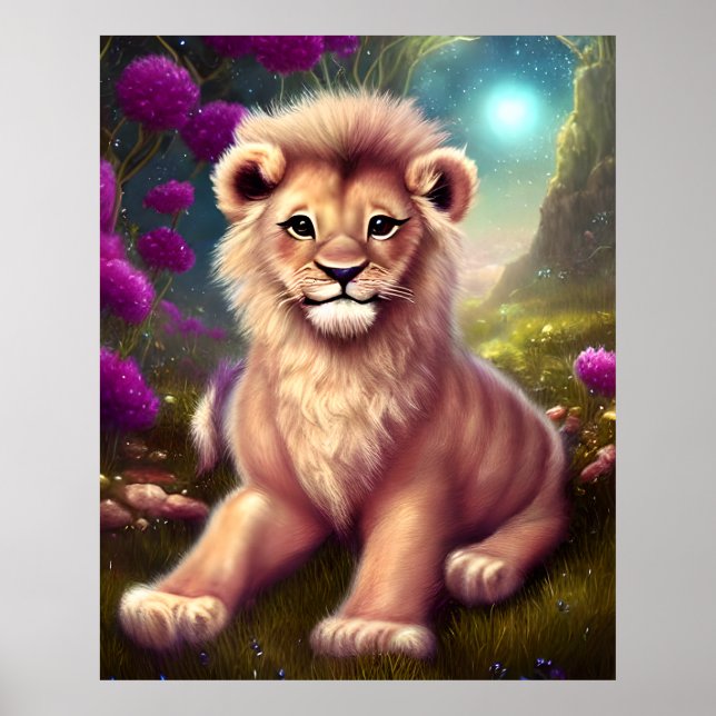 Beautiful Fantasy Cute Kawaii Lion Cub Poster (Front)