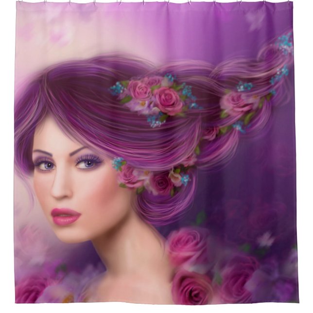 beautiful Fantasy fairy with purple flowers Shower Curtain (Front)