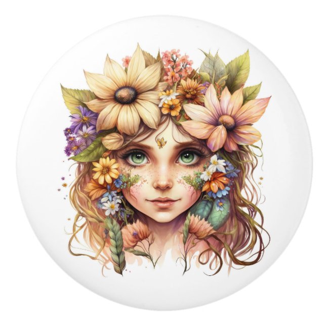 Beautiful Fantasy Floral Fairies Series  Ceramic Knob (Front)