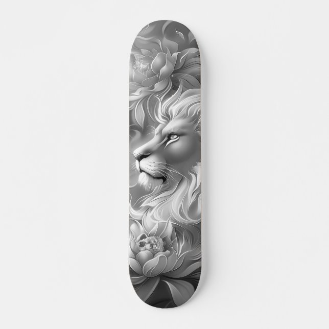 Beautiful Fantasy Gray Scale Lion & Florals  Skateboard (Front)