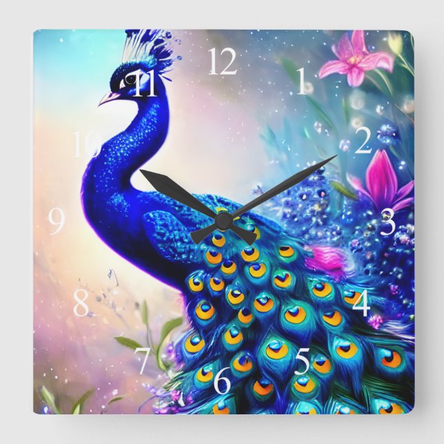 Beautiful Fantasy Peacock Square Wall Clock (Front)