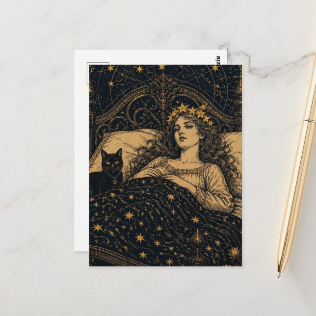 Beautiful Fantasy Queen and Her Black Cat in Bed Postcard (Front/Back In Situ)
