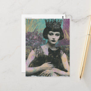 Beautiful Fantasy Queen and Her Black Cat Postcard