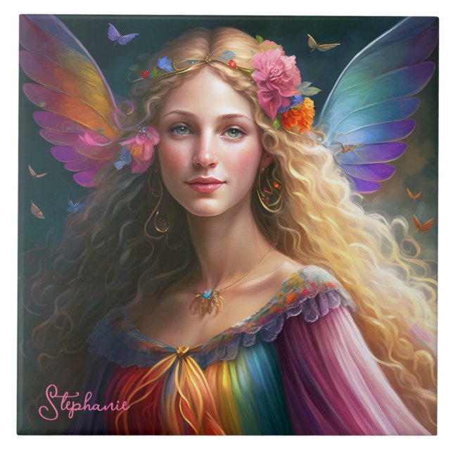 Beautiful Fantasy Rainbow Fairy Princess Ceramic Tile (Front)