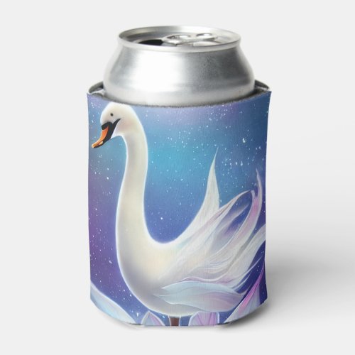 Beautiful Fantasy White Swan with Flowers Can Cooler