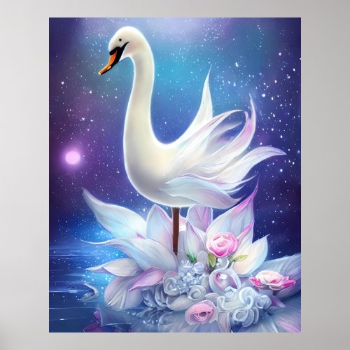 Beautiful Fantasy White Swan with Flowers Poster