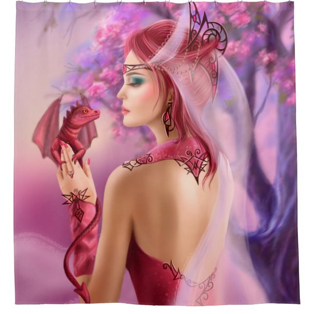 Beautiful fantasy woman queen and red dragon shower curtain (Front)