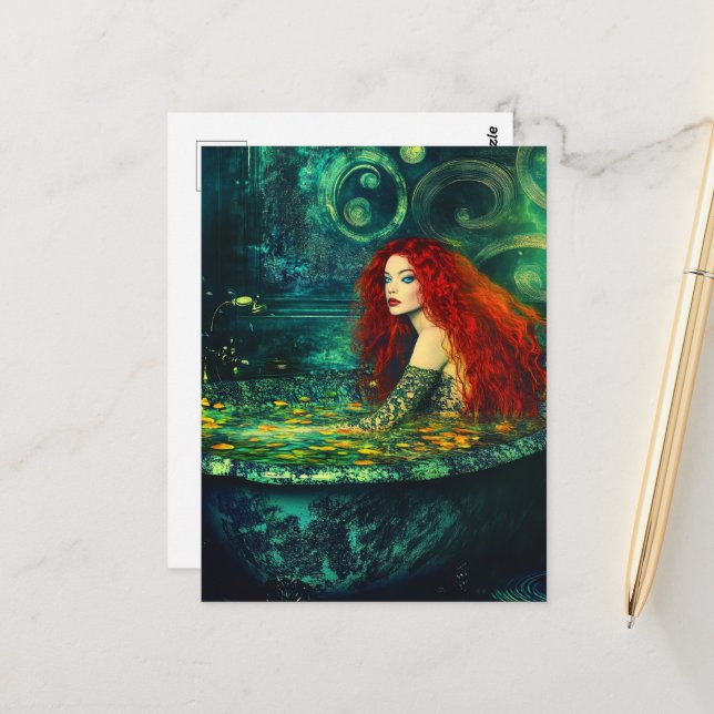 Beautiful FantasyWoman with Red Hair in a Tub  Postcard (Front/Back In Situ)