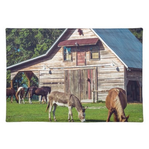 Beautiful Farm Scene with Horses and Barn Cloth Placemat