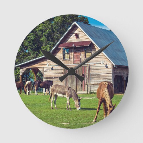 Beautiful Farm Scene with Horses and Barn Round Clock